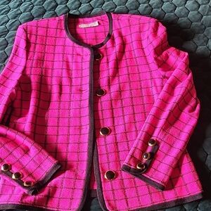 St. John Hot Pink Grid Knit Blazer with Contrast Trim